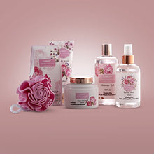 Load image into Gallery viewer, Home Spa Gift Basket - Wild Rose &amp; Raspberry Leaf Scent - Luxurious 7 Piece Bath &amp; Body Set For Men/Women, Contains Shower Gel, Body Lotion, Body Scrub, Bath Salt, Body Mist, Bath Puff &amp; Shower Caddy
