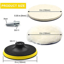 Load image into Gallery viewer, 6 Inch Buffing Wool Pads 8PCS Kit, Felt Polishing Pad Buffing Wheel for Drill Woolen Wax Pad and 5/8''-11 Thread Hook &amp; Loop Backer Plate with Drill Adapter for Car Boat Polish, Waxing, Sealing, Glaze

