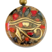 Load image into Gallery viewer, Orgone Pendant, Eye of Horus, Black Tourmaline Healing Crystals and Stones Amulet of Protection - SBB Coil Orgonite Necklace Onyx, Pyrite, Coral - Yoga Meditation Reiki, Handmade, Arte Orgones
