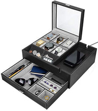 Load image into Gallery viewer, HOUNDSBAY Commander Dresser Valet Watch Box Case &amp; Mens Jewelry Box Organizer with Smartphone Charging Station (Black/Gray)
