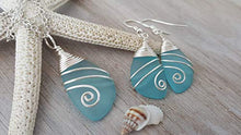 Load image into Gallery viewer, Handmade in Hawaii, Wire wrapped turquoise bay blue sea glass Necklace+Earrings Set,"December Birthstone", (Hawaii Gift Wrapped, Customizable Gift Message)

