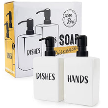 Load image into Gallery viewer, Granrosi Soap Dispenser for Kitchen Sink, Set of 2 Hand &amp; Dish Soap Dispenser for Bathroom Counter, Refillable Ceramic Liquid and Foam Soap Pump, Leak Proof, Farmhouse Decor, 3.4 x 2 x 7 in (White)
