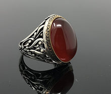 Load image into Gallery viewer, KAR 925K Stamped Sterling Silver Filigree Red Agate (Aqeeq) Men's Ring I1J (10.5)
