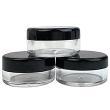 Load image into Gallery viewer, 50 New empty 5 Gram (0.17 oz) Acrylic Round Jars - BPA Free Plastic Containers for Cosmetic, Lotion, Cream, Makeup, Bead, Eye shadow, Rhinestone, Samples, Pot, 5g/5ml (Black Lid 50 Jars)
