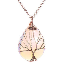 Load image into Gallery viewer, Jovivi Vintage Man-Made Opalite Crystal Necklace Wire Wrapped Copper Tree of Life Teardrop Gemstones Chakra Pendant Necklace for Women

