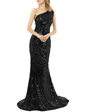 Load image into Gallery viewer, OYISHA Women's Sexy Sequin Mermaid Prom Dresses Long One Shoulder Evening Party Ball GownsBlack 14
