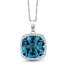Load image into Gallery viewer, Gem Stone King 10K White Gold London Blue Topaz and White Created Sapphire Pendant Necklace For Women (8.54 Cttw Cushion Cut with 18 Inch Chain)

