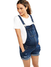 Load image into Gallery viewer, Motherhood Maternity Women's Maternity Indigo Blue Destructed Side Panel Denim Shortall Shorts, -Dark Wash, Large

