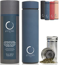 Load image into Gallery viewer, Pure Zen Tea Thermos with Infuser - Stainless Steel Insulated Tea Infuser Tumbler for Loose Leaf Tea, Iced Coffee and Fruit-Infused Water - Leakproof Tea Tumbler With Infuser - 15oz - Blue
