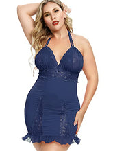 Load image into Gallery viewer, Women's Sexy Plus Size Lingerie Halter Cross straps Babydoll Lace Trim Chemise Sleepwear (Blue, X-Large)
