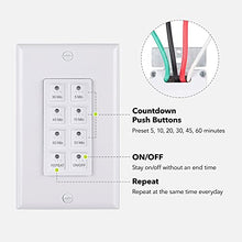 Load image into Gallery viewer, BN-LINK Countdown Digital in-Wall Timer Switch with Push Button 5-10-20-30-45-60mins, for Bathroom Fan ,in-Wall Light Timer, Neutral Required, Free Plate, White
