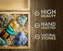 Load image into Gallery viewer, Crystalya Premium Grade Crystals and Healing Stones for Abundance and Prosperity in Wooden Box - Malachite, Pyrite, Citrine, Aventurine, Blue Calcite, Tree Agate, Tiger's Eye Gemstones + Info Guide
