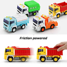 Load image into Gallery viewer, 4 Pack City Service Vehicle Car Truck Toy Set - Tow Truck,Dump Truck,Sprinkler,and Garbage Truck - with Friction Powered Wheels and Lights &amp; Sounds
