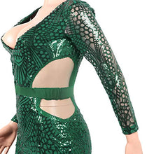 Load image into Gallery viewer, Womens Sequin Dress Geometric Tattoo Floral See Through Patchwork Bodycon Clubwear Mini Dress Dark Green Small/US 0-2
