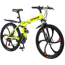 Load image into Gallery viewer, Max4out Mountain Bike Folding Bikes with High Carbon Steel Frame, Featuring 6 Spoke Wheels and 21 Speed Shimano Shifter, Double Disc Brake and Dual Suspension Anti-Slip Bicycles (Yellow, 26 in)
