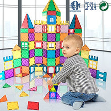 Load image into Gallery viewer, Lati 130 pcs Magnetic Tiles, Magnet Building Blocks for Kids STEM Construction Set Clear Imagination Inspirational Educational Magnetic Toys for 3 4 5 6 7 Years Old Boys Girls Gifts with 2 Cars
