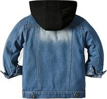 Load image into Gallery viewer, Cromoncent Kids Boys Casual Long Sleeve Button Down Denim Jacket Outwear with Pockets Hooded Black 12-18M
