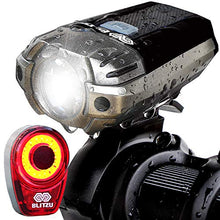 Load image into Gallery viewer, BLITZU Gator 390 USB Rechargeable LED Bike Light Set, Bicycle Headlight Front &amp; Free Rear Back Tail Light. Waterproof, Easy to Install for Kids Men Women Road Cycling Safety Commuter Flashlight Black
