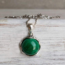 Load image into Gallery viewer, 925 Sterling Silver Malachite Necklace - Dainty 12mm Natural Stone, Genuine Dark Green Malachite Gemstone Pendant, Delicate Handmade Vintage Antique Everyday Jewel for Classy Women
