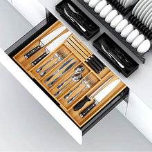 Load image into Gallery viewer, Bamboo Silverware Drawer Organizer Kitchen, Expandable Utensil Holder and Cutlery Tray with Divider | 13"-21.6" Flatware Storage and Removable Knife Block
