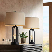 Load image into Gallery viewer, Marcel Modern Industrial Table Lamps Set of 2 with Nightlight LED USB Port Black Linen Shade for Living Room Bedroom - 360 Lighting
