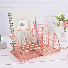 Load image into Gallery viewer, Yarlung Mesh Rose Gold Desk Organizer with 5 Compartments and Sliding Drawer, Multifunctional Office Supplies Holder, Desk Accessories Collection for Women and Men
