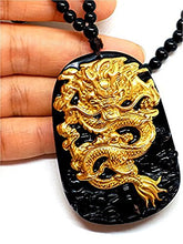 Load image into Gallery viewer, yigedan 18K 999 Pure Yellow Gold Inlay Natural Obsidian Black Jade Pendant Dragon
