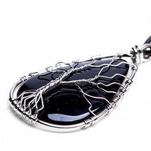 Load image into Gallery viewer, HongJinTian Natural Black Obsidian Wire Wrapped Tree of Life Gemstone Teardrop Pendant Necklace Healing Crystal Chakra Jewelry
