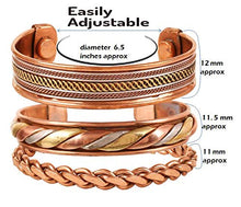 Load image into Gallery viewer, Touchstone Copper magnetic healing bracelet Tibetan style. Hand forged with solid and high gauge pure copper. Set of 3 different designs with 3 metal shades.
