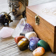 Load image into Gallery viewer, Crystalya Premium Grade Crystals and Healing Stones in Wooden Display Box - 7 Tumbled Chakra Gemstones, Amethyst Crystal, Rose Quartz, Quartz Crystal Point + Guide &amp; Instructions - Gift Kit
