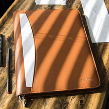 Load image into Gallery viewer, COSSINI Premium Business Portfolio with Zipper – Padfolio - Superior Business Impressions Begin with PU Vegan Leather, 10.1 Inch Tablet Sleeve, Smart Storage, Solar Calculator, Writing Pad - Tan
