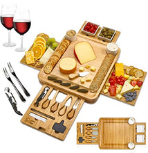 Load image into Gallery viewer, Cheese Board 2 Ceramic Bowls 2 Serving Plates. Magnetic 4 Drawers Bamboo Charcuterie Cutlery Knife Set, 2 Server Forks, Wine Opener, Labels, Markers, Gift for Birthdays, Wedding Registry,Housewarming
