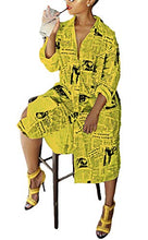 Load image into Gallery viewer, Antique Style Women's Summer Autumn Casual Oversized Deep V-Neck Long Sleeve Newspaper Printed Loose Button Down Basic Polo Shirts Irregular Party Club Dress Yellow L

