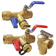 Load image into Gallery viewer, Hourleey 3/4 Inch IPS Isolator Tankless Water Heater Service Valve Kit, with Pressure Relief Valve, Clean Brass
