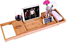 Load image into Gallery viewer, BOSSJOY Luxury Wood Bamboo Bathtub Bath Tub Caddy Tray with Extending Sides Built in Book Tablet Phone Wineglass Holder
