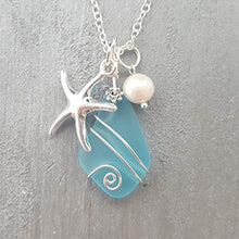 Load image into Gallery viewer, Handmade in Hawaii, Wire Wrapped Turquoise Bay blue sea glass necklace, Starfish charm, freshwater pearl, (Hawaii Gift Wrapped, Customizable Gift Message)
