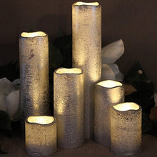 Load image into Gallery viewer, LED Lytes Flameless Timer LED Candles Slim Set of 6, 2" Wide and 2"- 9" Tall, Silver Coated Wax and Flickering Warm White Flame for Home and Wedding Decor
