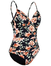 Load image into Gallery viewer, Hilor Women's One Piece Swimsuits Front Twist Swimwear V Neck Shirred Bathing Suit Monokini Black Floral 10
