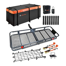 Load image into Gallery viewer, MeeFar Folding Hitch Mount Cargo Carrier Basket 60" X 20" X 6"+Waterproof Cargo Bag 16 Cubic Feet(58" 19" 24"),Hauling Weight Capacity of 500 Lbs and A Folding Arm.with Hitch Stabilizer,Net and Straps
