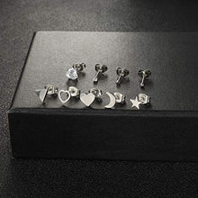 Load image into Gallery viewer, Magitaco 9 Pairs Stud Earrings Surgical Steel Dainty Small Heart Moon and Star Earrings Minimalist Geometric CZ Silver Ball and Triangle Earrings Sets for Women Men
