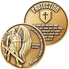 Load image into Gallery viewer, Archangel Saint Michael Coin, Bulk Pack of 10 Antique Gold Plated Challenge Protection Coins, The Lord is with You Mighty Warrior, Judges 6:12 and No Harm Will Overtake You, Psalm 91 Gift
