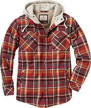 Load image into Gallery viewer, Legendary Whitetails Men's Camp Night Berber Lined Hooded Flannel Shirt Jacket, Cardinal Arrowood Plaid, 3X-Large
