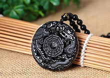 Load image into Gallery viewer, c1lint7785631 Pure Natural Obsidian Pendant Necklace Obsidian Crystal Pendant Necklace Pattern with Extend Bead Chain for Men or Women (Dragon Phoenix Gossip)
