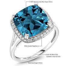 Load image into Gallery viewer, Gem Stone King 10K White Gold London Blue Topaz and White Created Sapphire Women's Ring (8.54 Cttw, Cushion 12MM, Gemstone Birthstone, Available In Size 5,6,7,8,9)
