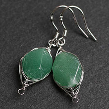 Load image into Gallery viewer, Natural Stone Wire Wrap Dangle Drop Earrings Platinum Plated 925 Sterling Silver Hook/Aventurine Cut

