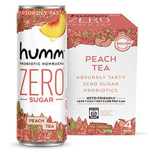 Load image into Gallery viewer, Humm Probiotic Kombucha Zero Sugar Peach Tea - No Refrigeration Needed, Keto-Friendly, Organic, Vegan, Gluten-Free - 11oz Cans (4 Pack)
