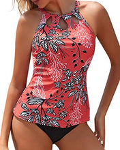 Load image into Gallery viewer, Yonique High Neck Tankini Swimsuits for Women Halter Bathing Suits Two Piece Swimwear Red Floral Print L
