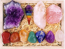 Load image into Gallery viewer, Premium Healing Crystals Kit in Wooden Box - 7 Chakra Set Tumbled Stones, Rose Quartz, Amethyst Cluster, Crystal Points, Chakra Pendulum + 82 Page E-Book + 20x6 Reference Guide Poster, Ribbon Bow
