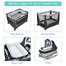 Load image into Gallery viewer, BABY JOY 4 in 1 Portable Baby Playard with Bassinet, Changing Table, Foldable Bassinet Bed &amp; Activity Center, Newborn Napper with Toys &amp; Music, Large Capacity Storage Shelf, Oxford Carry Bag (Grey)
