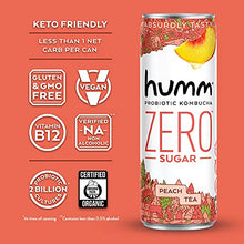 Load image into Gallery viewer, Humm Probiotic Kombucha Zero Sugar Peach Tea - No Refrigeration Needed, Keto-Friendly, Organic, Vegan, Gluten-Free - 11oz Cans (4 Pack)
